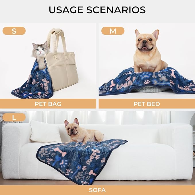 Luciphia 1 Pack 3 Blankets Fluffy Premium Fleece Pet Blanket Flannel Paw Bone Printed Throw for Dog Cat(Large 41"x31", Khaki/Blue/Navy)