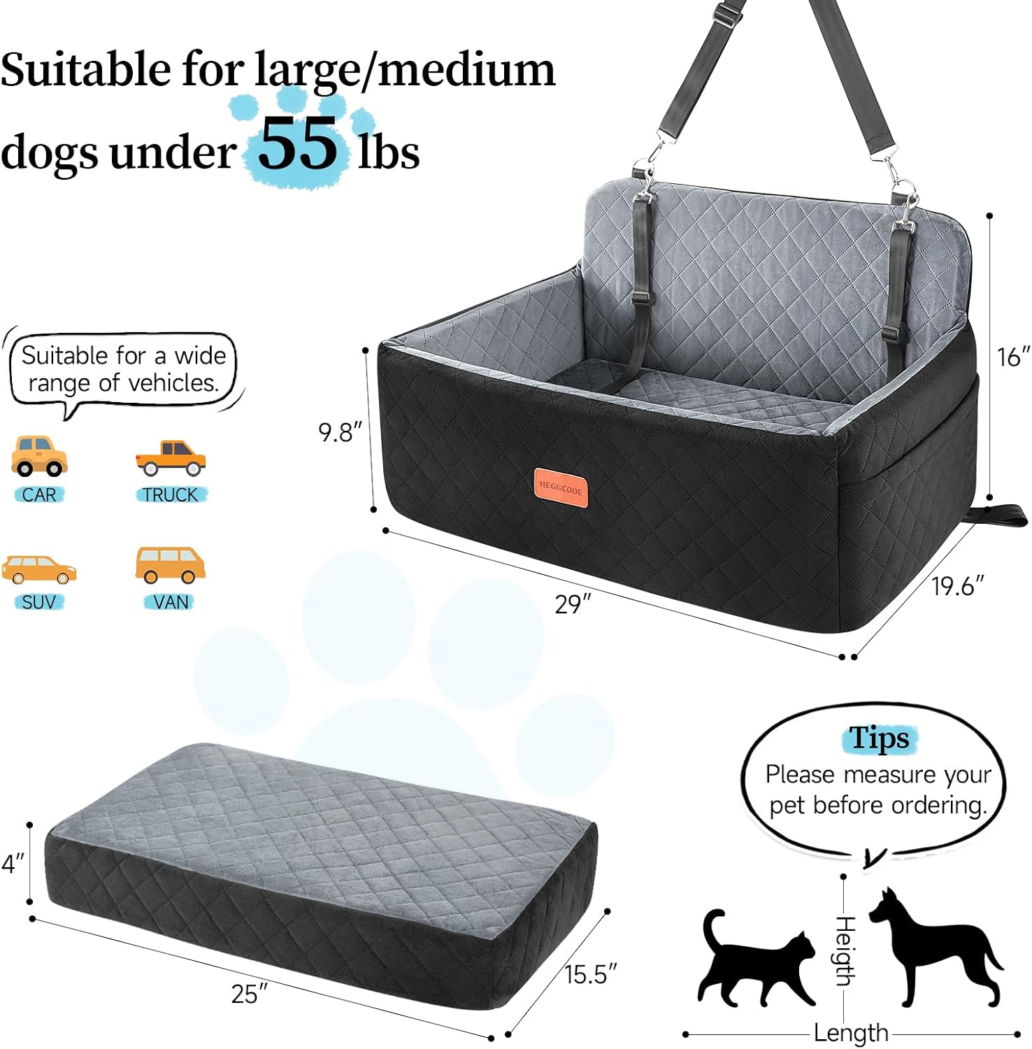 HEGGCOOE Dog Car Seat for Medium/Large Dogs, Pet Booster Seat for Up to 55 lbs or 2 Small Dogs, Detachable & Washable Dog Car Bed for Backseat with 2 Safety Leashes (Black/Grey)
