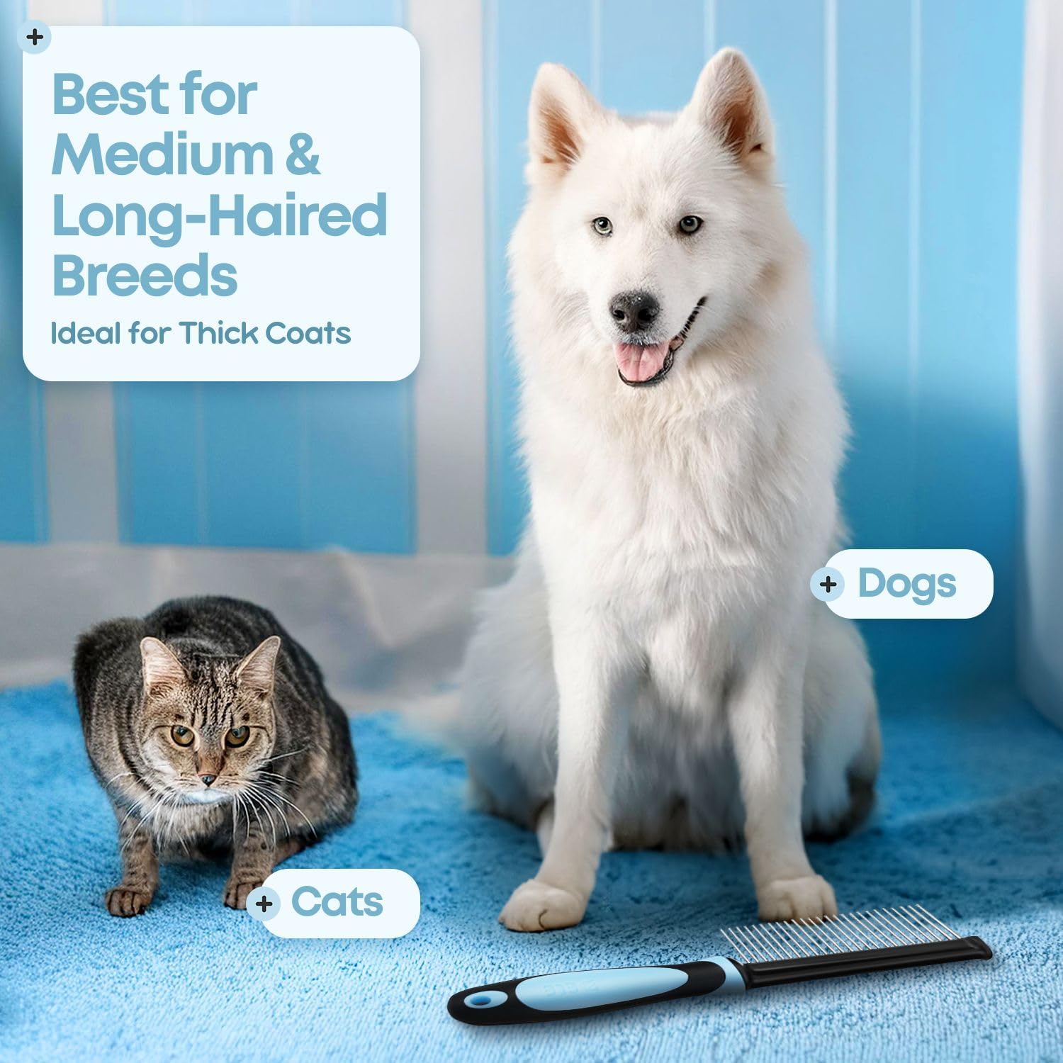Flexzion Metal Dog Comb for Grooming and Dematting, Blue Soft-Grip Handle | Detangling Pet Comb for Dogs and Cats with Rounded Stainless Steel Teeth and a Non-Slip Grip