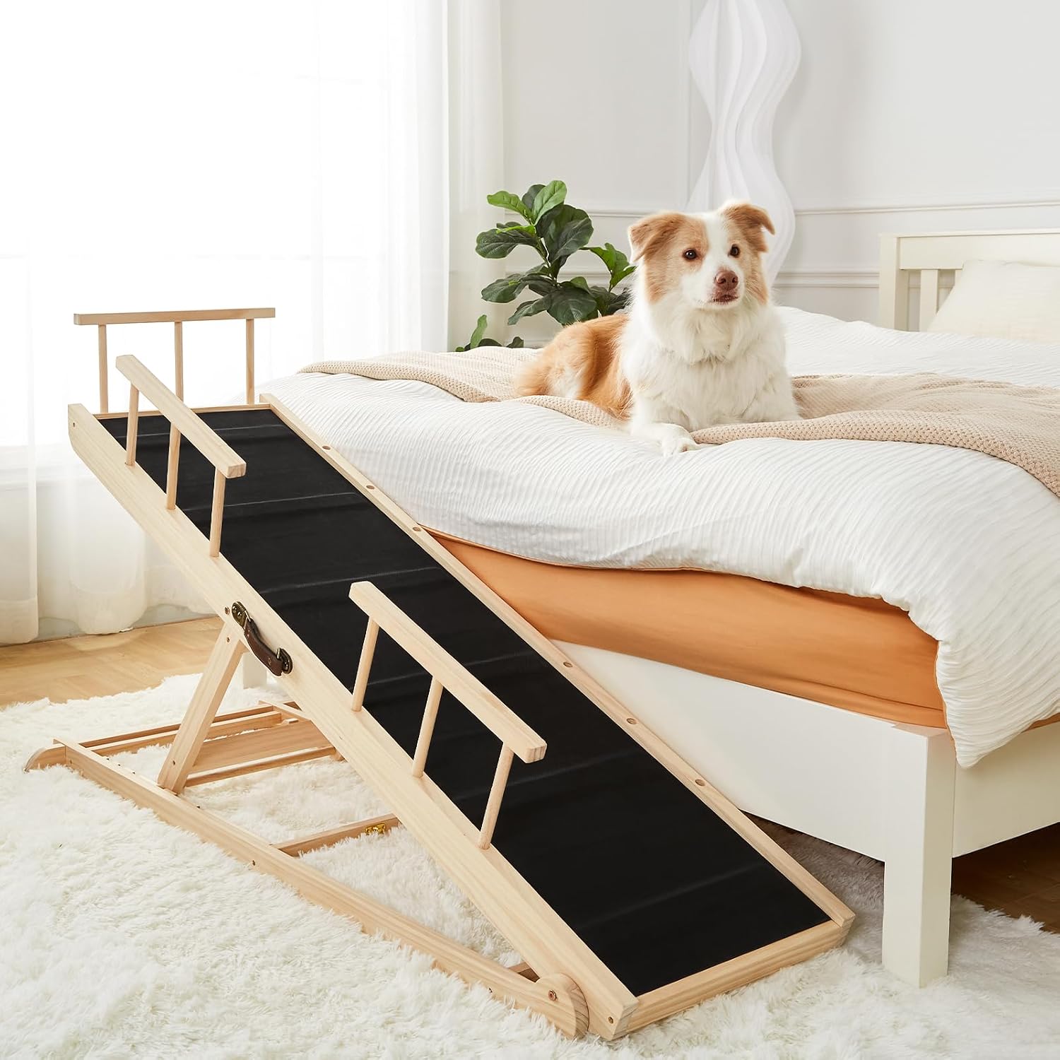 Woohoo Dog Ramp for Bed, 31" Adjustable Wood Ramp with Safety Rails | non-slip Rubber Surface, 59" Long 16" Wide, Adjustable from 15" to 31", Foldable, for Small Dogs under 50lbs