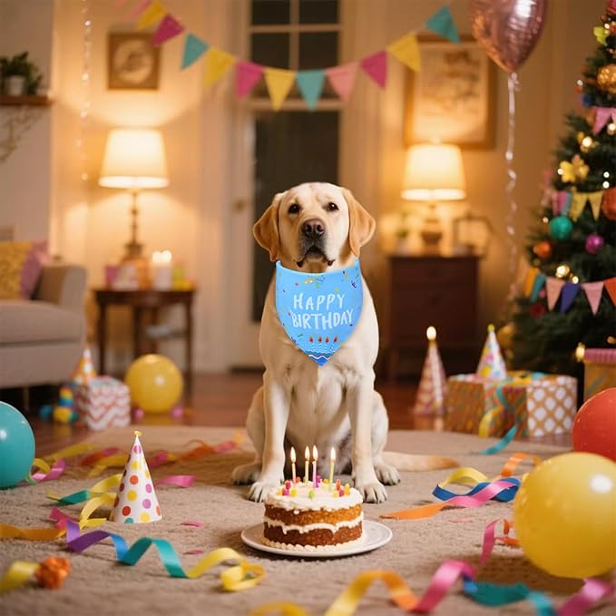 Dog Birthday Bandana Boy for Small Dogs, Reversible 2 Patterns in 1, Blue Confetti Scarf, Happy Birthday Party Outfit Puppy Gift (9-14" Neck)