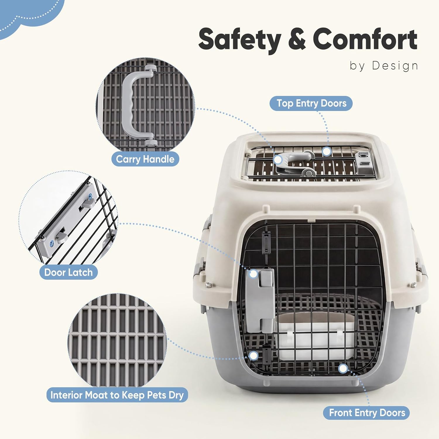 DUMOS 23" Hard-Sided Pet Carrier for Small Pets, 2 Door Cat Carrier, Beige | Airline Approved Dog Crate, Enhanced Security Latches, Front & Top Load Wire Door, Food Bowl for Traveling, Hiking, Camping