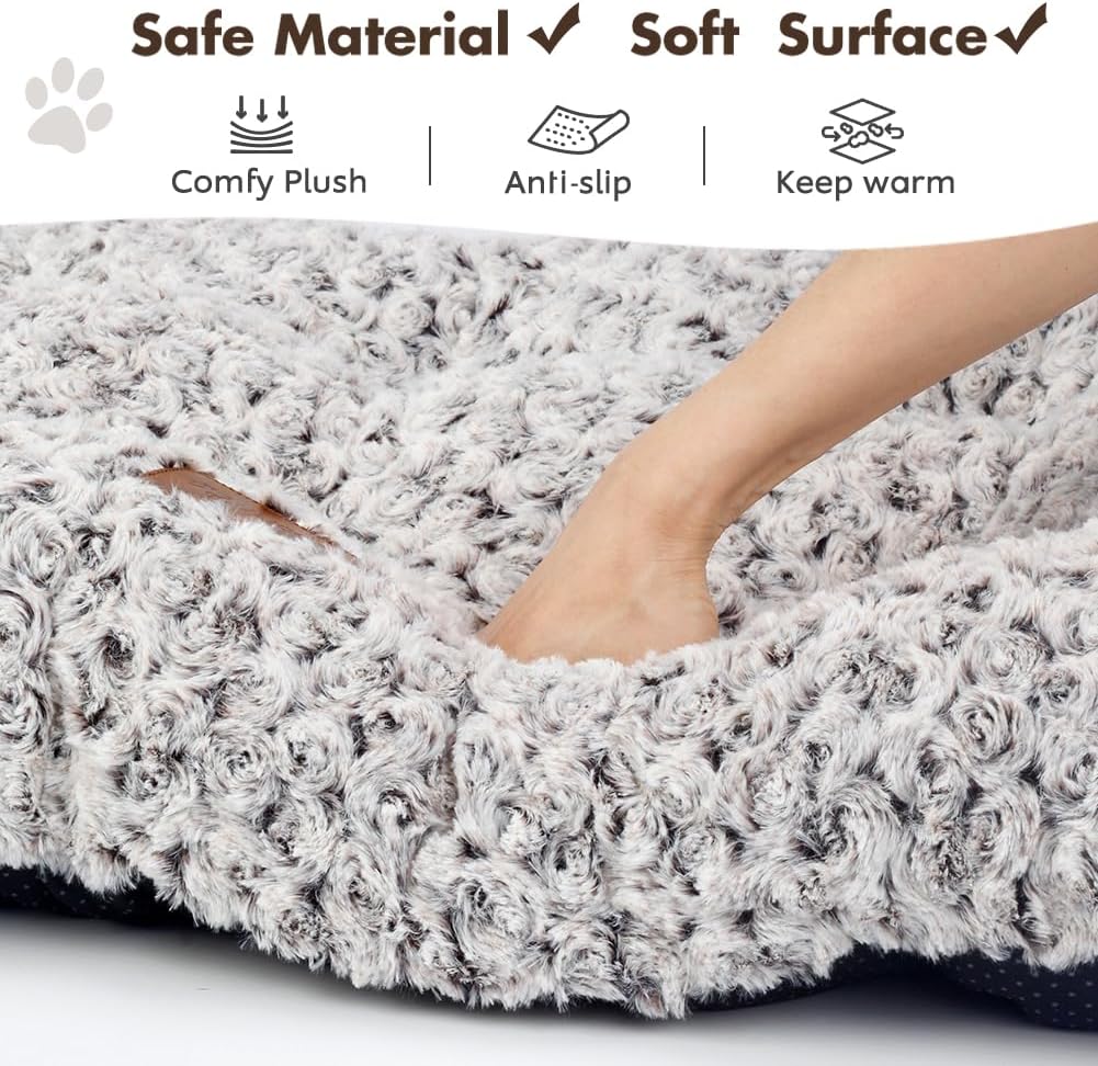 Dog Bed Crate Pad - Rosette Pattern White Velvet Pet Bed Anti-Slip Comfy Kennel Pad for Crates Rosette Brown S
