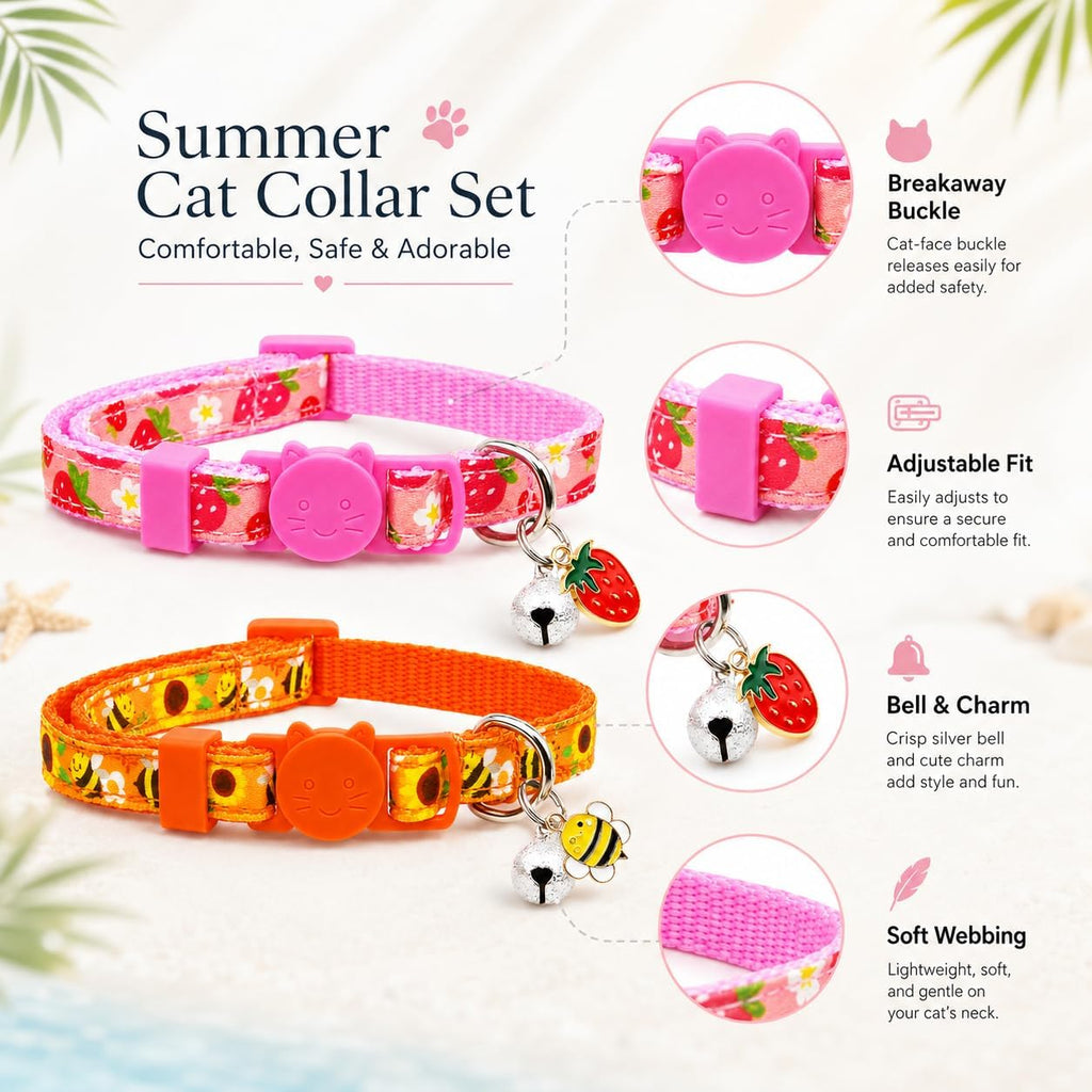 Summer Cat Collar 2 Pack Strawberry Bee Breakaway Cat Collars with Bell & Charm, Adjustable 7.8-12.8 in Soft Cute Kitten Collars for Cats Kittens