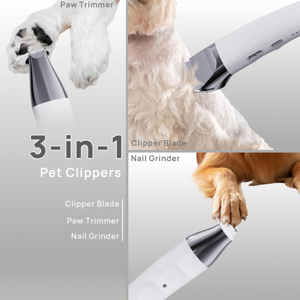 3-in-1Dog Hair Clippers Grooming Kit with Paw Trimmer- Rechargeable Cordless Quiet Nail Grinder Shaver with 4 Guide Combs for Grooming Small Medium Pets on Body,Paws, Face, Ears (White)