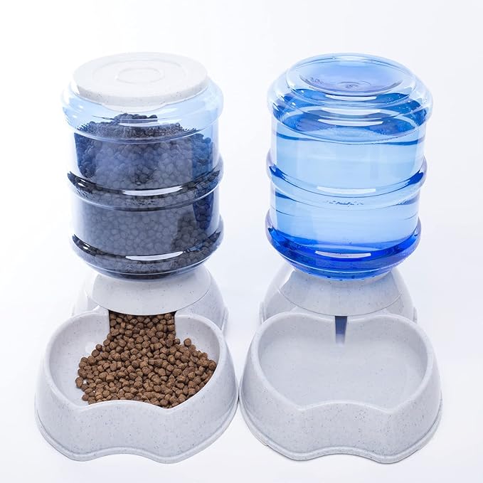 Pet Feeder and Water Food Dispenser Automatic Water Bowl for Dogs Cats, BPA-Free, Gravity Refill, Self Feeding for Small Medium Pets Puppy Kitten Rabbit - 1 Gallon 3.8L (Waterer + Feeder)