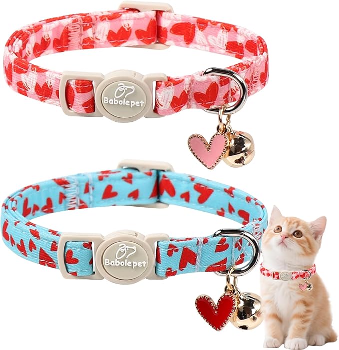2 Pack Valentines Cat Collars - Valentine Breakaway Cat Collar with Bell, Pink and Red Heart Pendant, Adjustable Kitten Collars for Girl Boy Cats, Cute Red Hearts