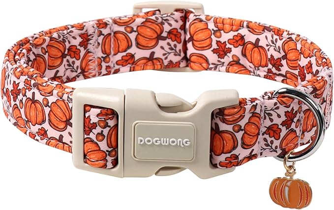 DOGWONG Pumpkin Dog Collar- Cute Pink Fall Dog Collars Adjustable Maple Fall Dog Collar for Small Medium Large Dogs L