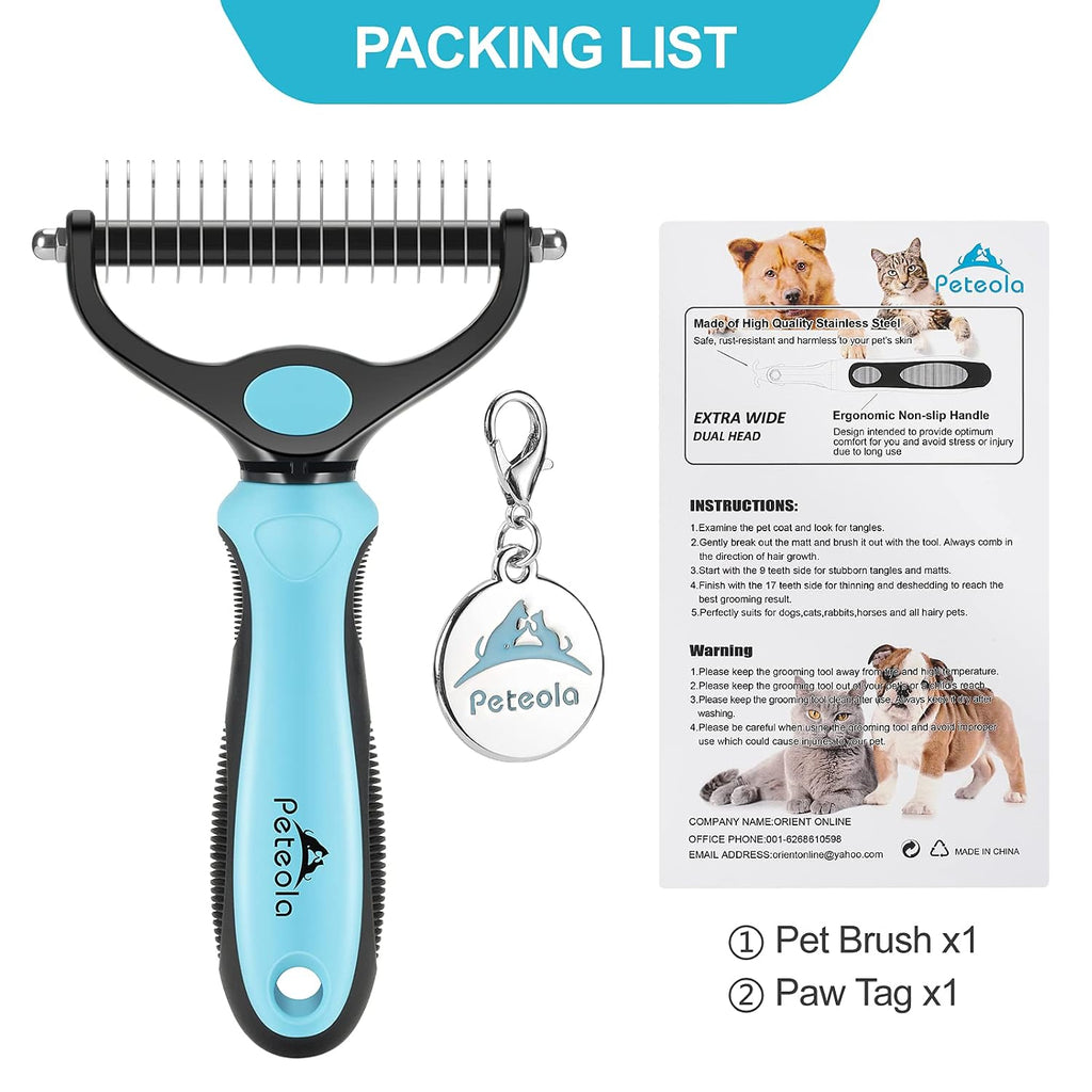 Pet Grooming Brush - 2 Sided Undercoat Rake for Deshedding and Detangling Fur - Safe Shedding Tool for Cats and Dogs (blue)