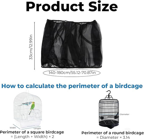 2 Pcs Bird Cage Seed Catcher, Adjustable Bird Cage Net Cover, Reusable Soft Nylon Cover for Parrot Enclosures (Black)