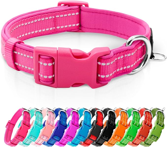azuza Reflective Dog Collar,Soft Neoprene Padded Pet Collar with ID Tag Ring,Adjustable for Medium Dogs,Hot Pink,M