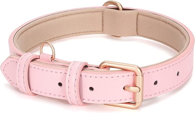 WHIPPY Leather Dog Collar for Small Dog Adjustable Soft Breathable Leather Padded Puppy Collar with Alloy Buckle Heavy Duty Waterproof Classic Dog Pet Collar,Pink,XS
