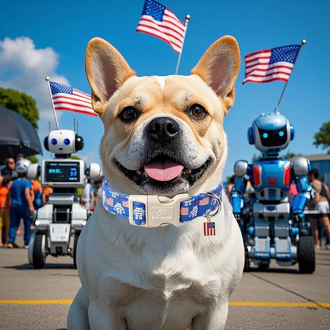 4th of July Dog Collar, Robot Star-Spangled Patriotic Dog Collars for Giant Large Dogs, Adjustable Lightweight Quick-Release Buckle Collar for Boy&Girl Dogs XL