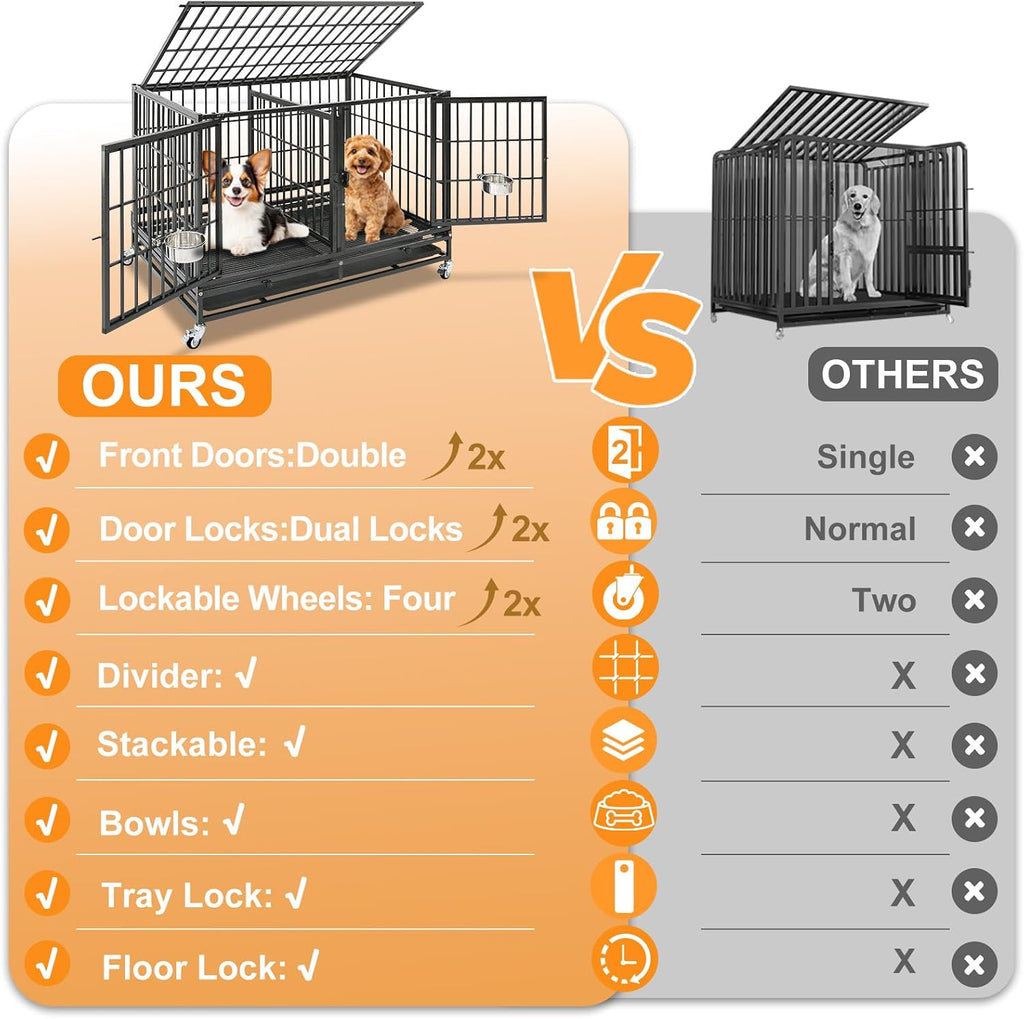 Homey Pet 43" Double Dog Crate, Heavy Duty Stackable Kennel with Divider | Drop Cage for Dogs with Dual Doors, Auto Locks, Bowls, Removable Tray, for Small & Medium Dogs, Breeders and Multi-dog Homes