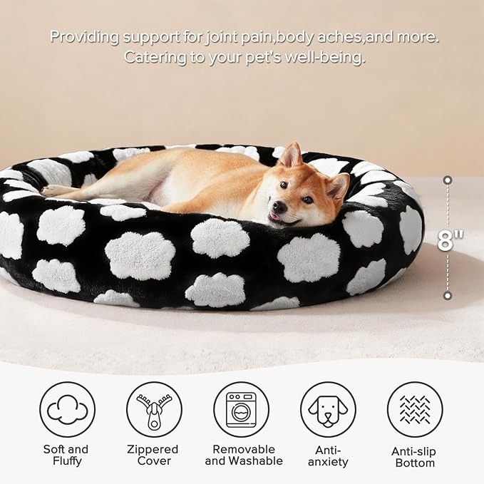 JOEJOY Donut Calming Small Dog Bed, Round Cat Beds for Indoor Cats with Removable Washable Cover, 23In Orthopedic Cute Puppy Kitten Pet Bed with Jacquard Shaggy Plush & Non Skid Bottom, Black