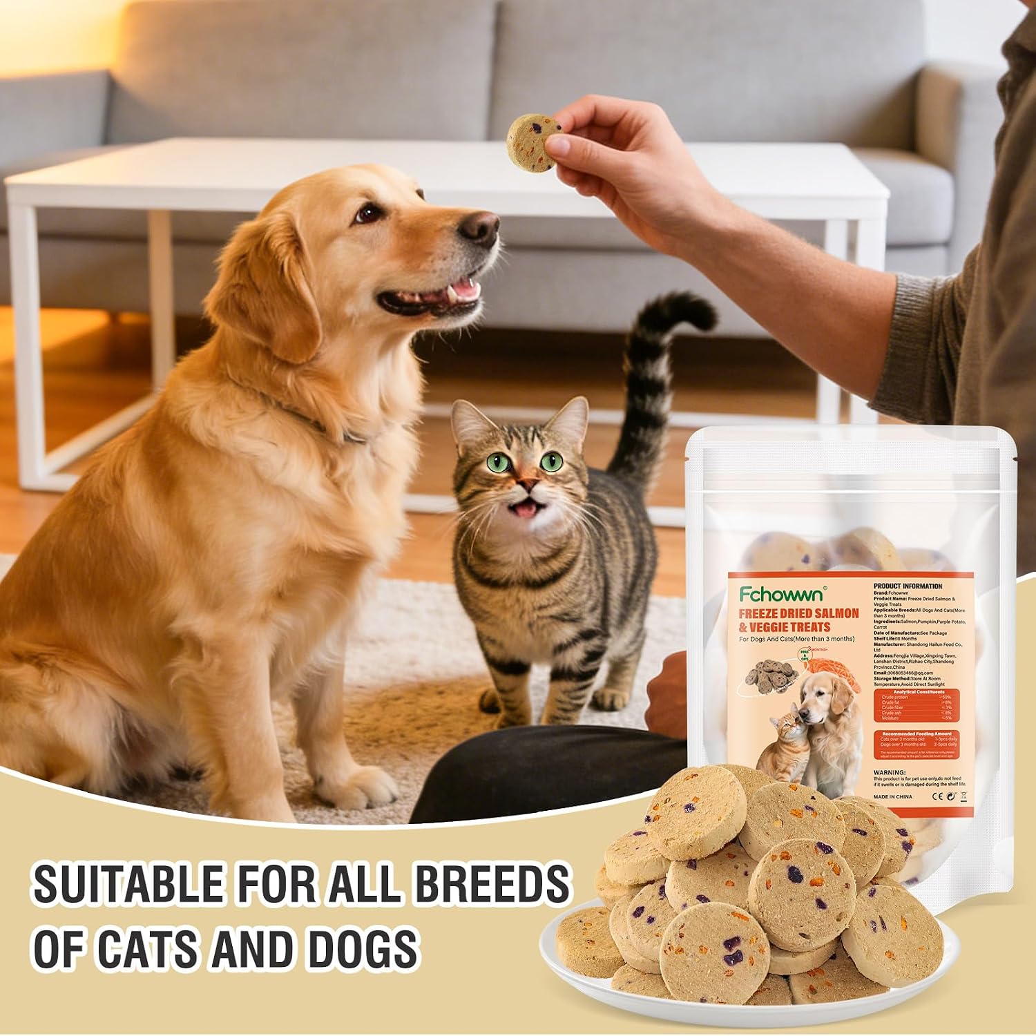 100g/3.52oz Dehydrated Salmon&Veggie Treats for Cats and Dogs,Includes Pumpkin,Purple Potato and Carrot,All Natural and Delicious Snack Bites for Pets,Perfect for Training and Rewarding