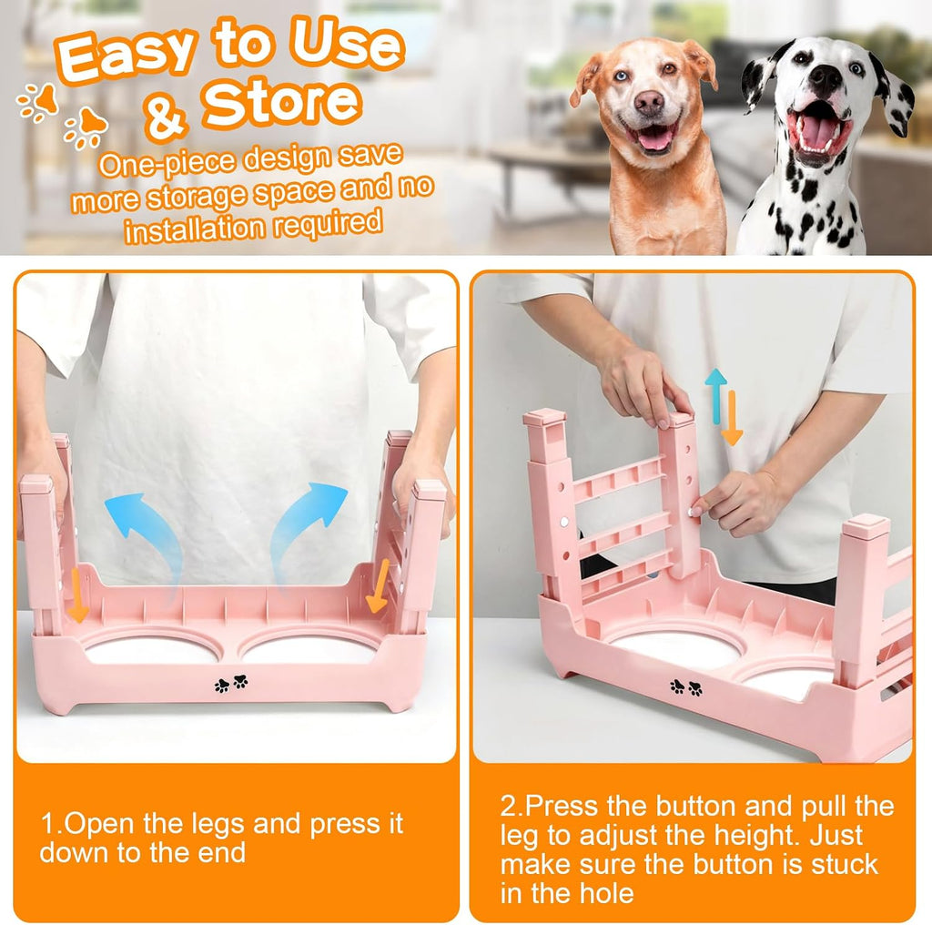 COMESOON Elevated Dog Bowls, 4 Height Adjustable Raised Bowl Stand with 2 Thick 50oz Stainless Steel Food Bowls Non-Slip Feeder Adjusts to 3.7'', 9.2'', 10.75'', 12.36'' Pink
