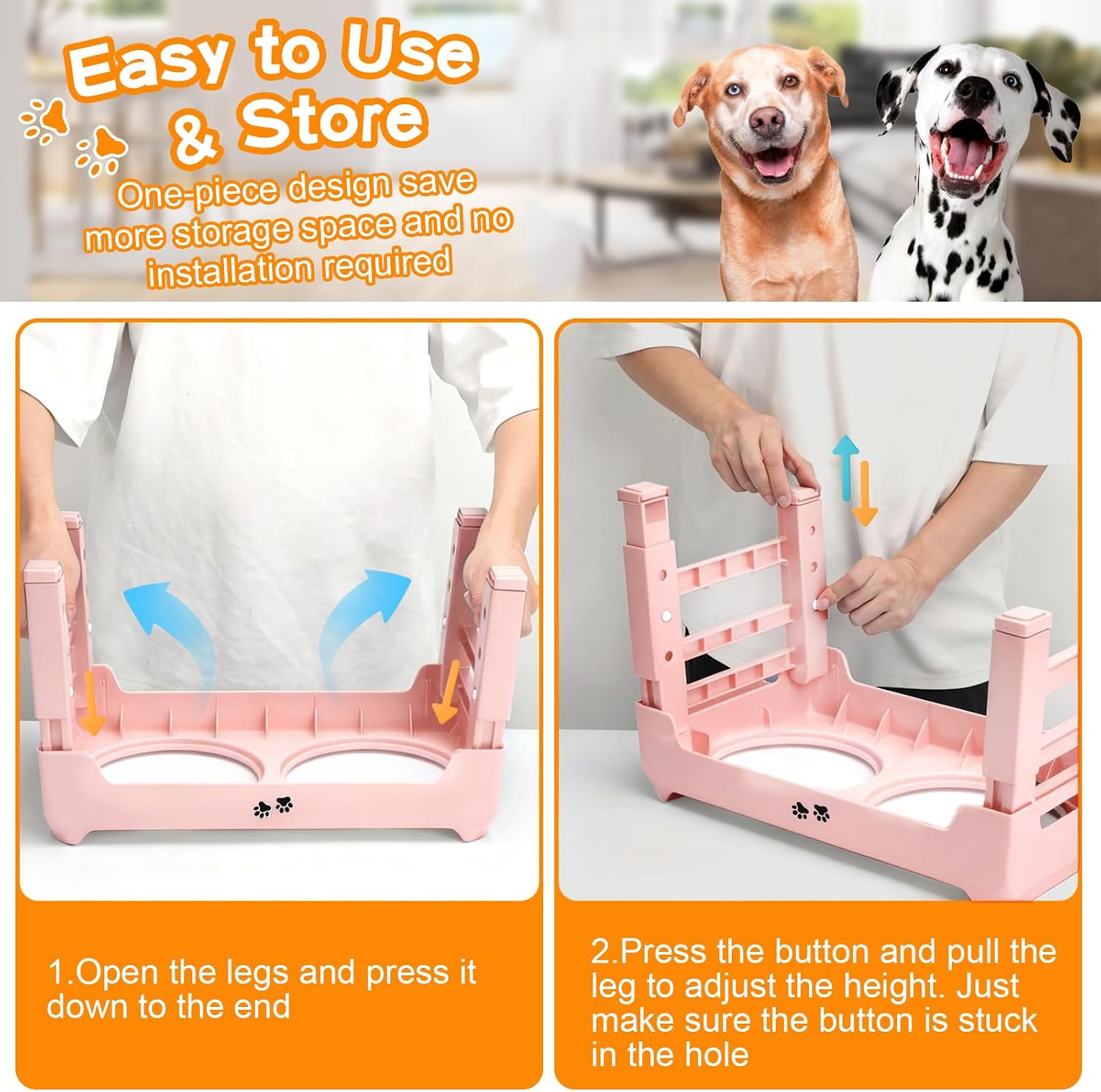 COMESOON Elevated Dog Bowls, 4 Height Adjustable Raised Bowl Stand with 2 Thick 50oz Stainless Steel Food Bowls Non-Slip Feeder Adjusts to 3.7'', 9.2'', 10.75'', 12.36'' Pink