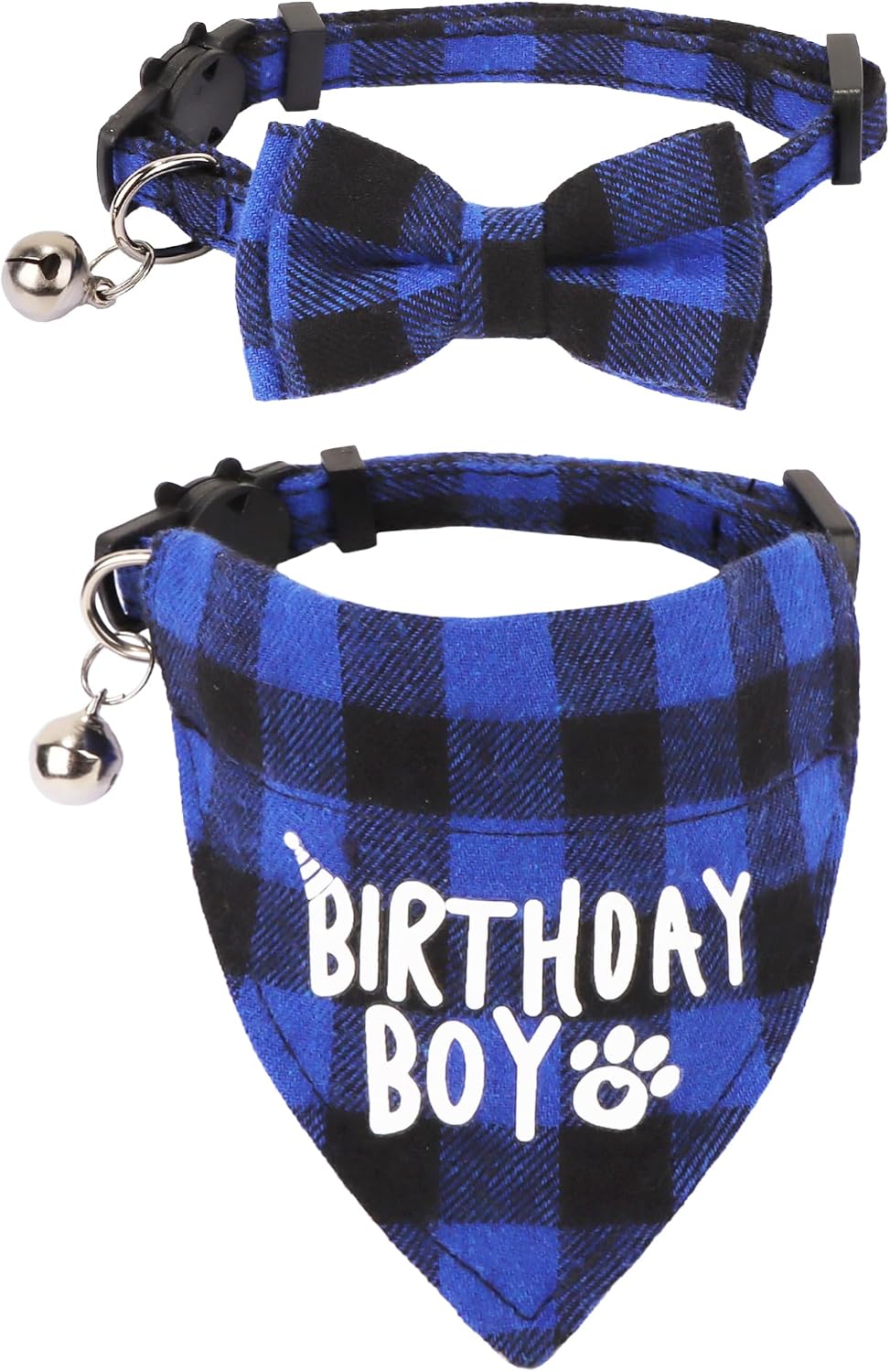 Cat Birthday Boy Bandana Collar, Blue Plaid Cat Bow Tie Collar | Detachable Bow Tie & Bandana, Soft Buffalo Plaid Fabric, Safe Breakaway Buckle, Adjustable, for Cat Kitten Birthday Party