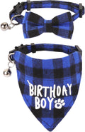 Cat Birthday Boy Bandana Collar, Blue Plaid Cat Bow Tie Collar | Detachable Bow Tie & Bandana, Soft Buffalo Plaid Fabric, Safe Breakaway Buckle, Adjustable, for Cat Kitten Birthday Party