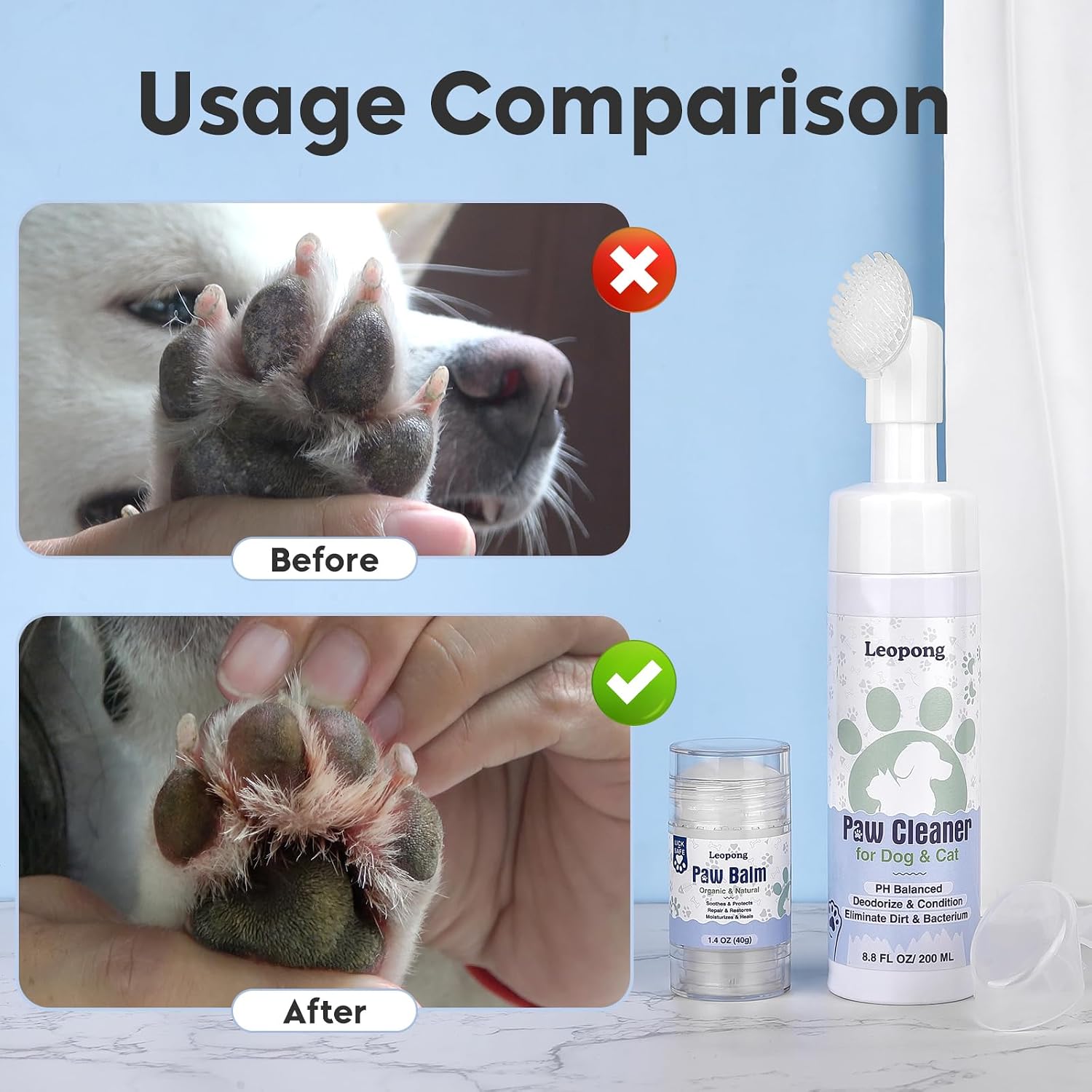 Leopong Dog Paw Cleaner Kit with Paw Balm, No-Rinse Foam, Silicone Brush | Removes Dirt While Moisturizing Paws