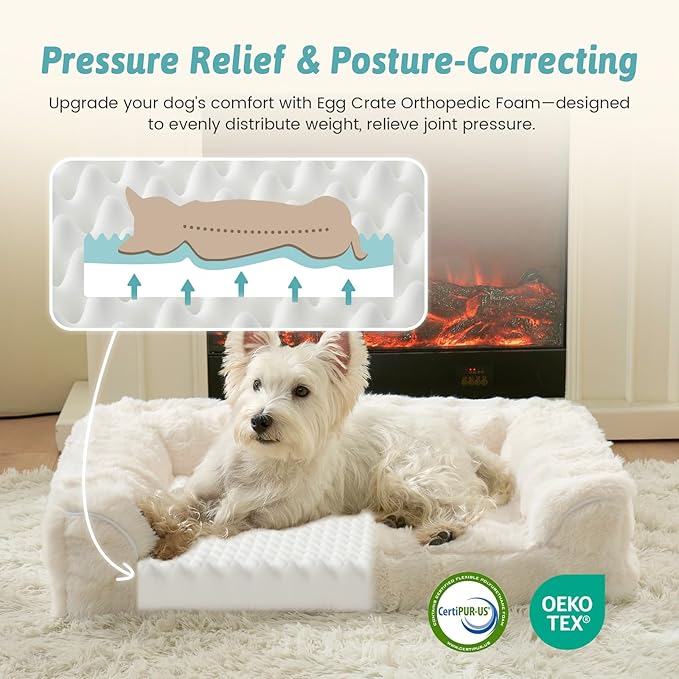 Faux Rabbit Fur Orthopedic Dog Bed, Dog Bed for Large Size, Supportive Foam Pet Sofa with Waterproof Lining Cover, Washable U-Shaped Pet Couch with Anti-Slip Bottom, Beige L 36x27x6.5 inch