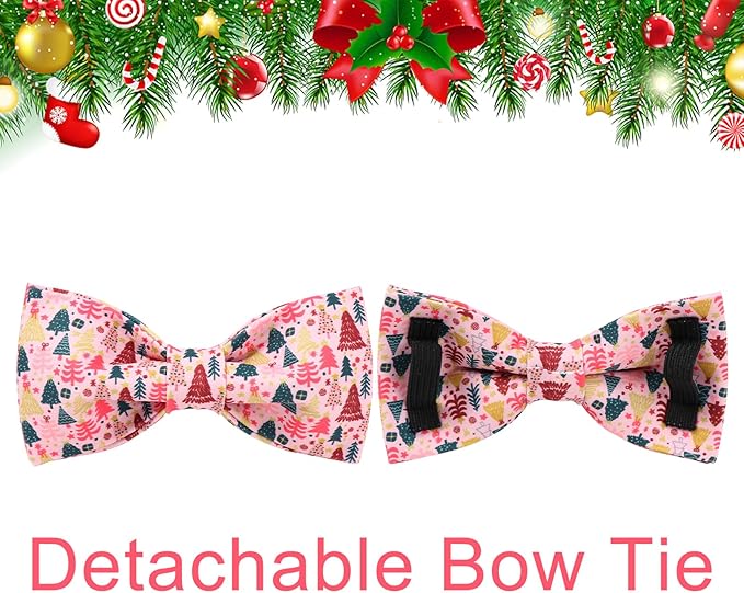 Christmas Dog Collar with Bow Tie, Pink Christmas Tree Collars for Dogs, Adjustable Pet Collar with Cute Xmas Tree Pendant, Winter Dog Accessories for Small Medium Large Dogs XS