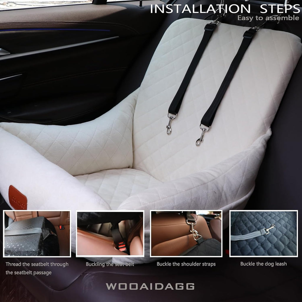 WOOAIDAGG Dog Car Seat for Small Dogs,Ultra-Soft Fabric,2 Storage Pockets & Safety Leash,Adjustable Straps,Easy to Install,Fully Detachable and Washable(Beige)
