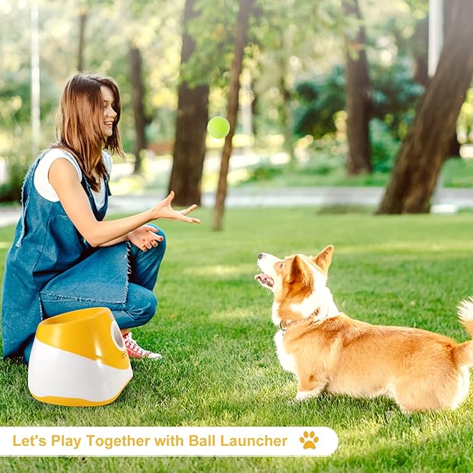 Automatic Dog Ball Launcher, Dog Ball Thrower with 15 Mini Tennis Balls Sizing 2 Inch and Mesh Bag, Interactive Dogs Toys Tennis Balls Launcher for Small Dogs with 3 Distance Settings