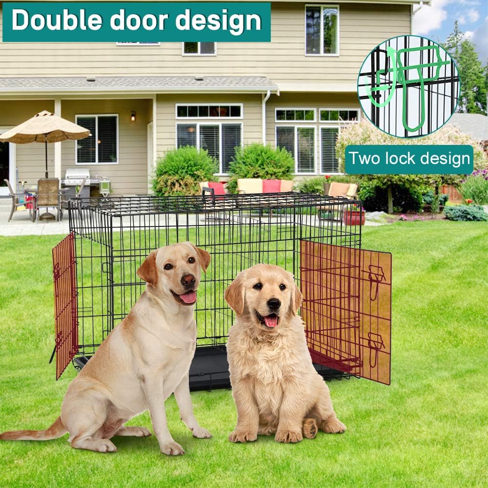 48 42 Inch Large Dog Crate Kennel Metal Wire Indoor/Outdoor Double-Door Folding Dog Cage for Large Medium Puppy Dog Pet Crate with Plastic Tray and Handle