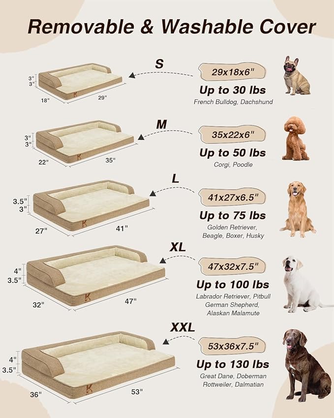 KSIIA Washable Dog Bed XXL Senior Dog, Orthopedic Warm Soft Pet Sofa Waterproof Pet Couch with Sides, Non-Slip and Egg-Crate Foam Jumbo Beds with Removable Cover, 47x32Inch, Brown