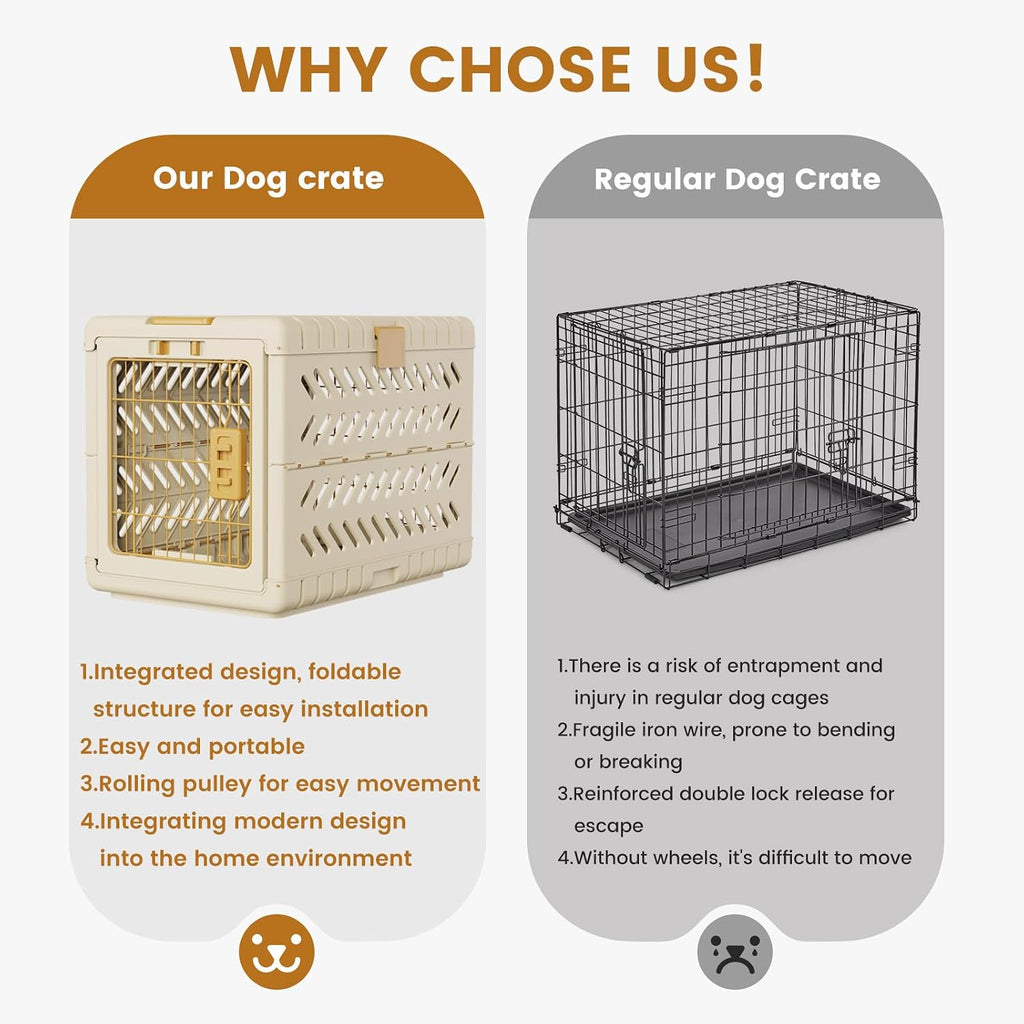 Collapsible Dog Crate for Large/Medium Dogs - 36" L Foldable Dog Cage No-Tool Assembly, Travel Dog Crate with 2 Wheels - Easy to Carry, Space-Saving, Indoor Outdoor Use, Cream, 36.4”L*22.84”W*25.8”H