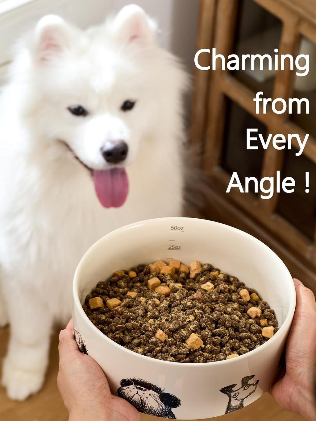Ceramic Dog Bowl for Medium Large Dogs, 6.5 Cups, Single Bowl | Heavy Non-Slip Stoneware Pet Feeding Bowl, Microwave & Dishwasher Safe, Cute Hand-Drawn Design