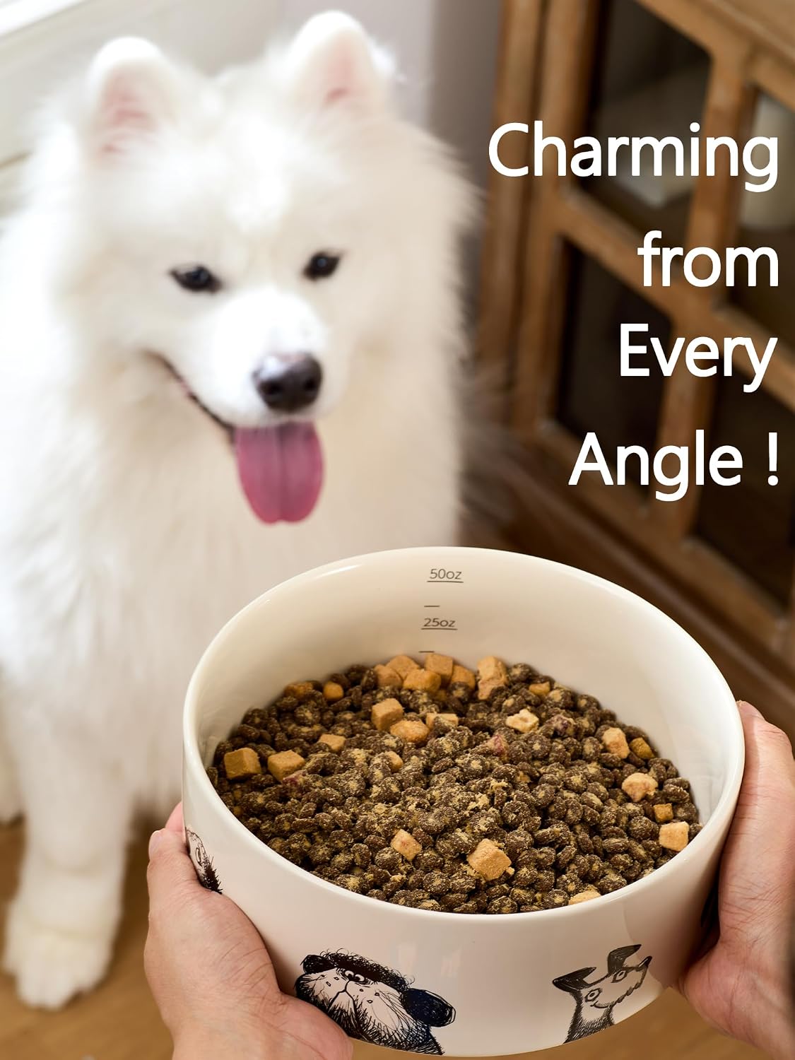 Ceramic Dog Bowl for Medium Large Dogs, 6.5 Cups, Single Bowl | Heavy Non-Slip Stoneware Pet Feeding Bowl, Microwave & Dishwasher Safe, Cute Hand-Drawn Design