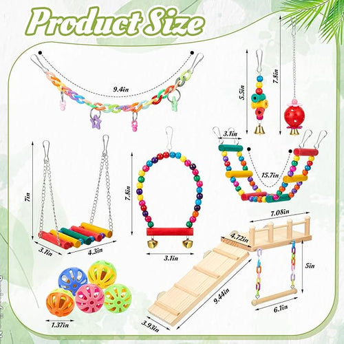 12 Pcs Parakeet Cockatiel Bird Toys, Bird Toys for Parakeets, Cockatiel Cage Accessories, Perches Parrot Ladders for Hanging Swinging Standing Chewing Climbing Training (Basic Style)
