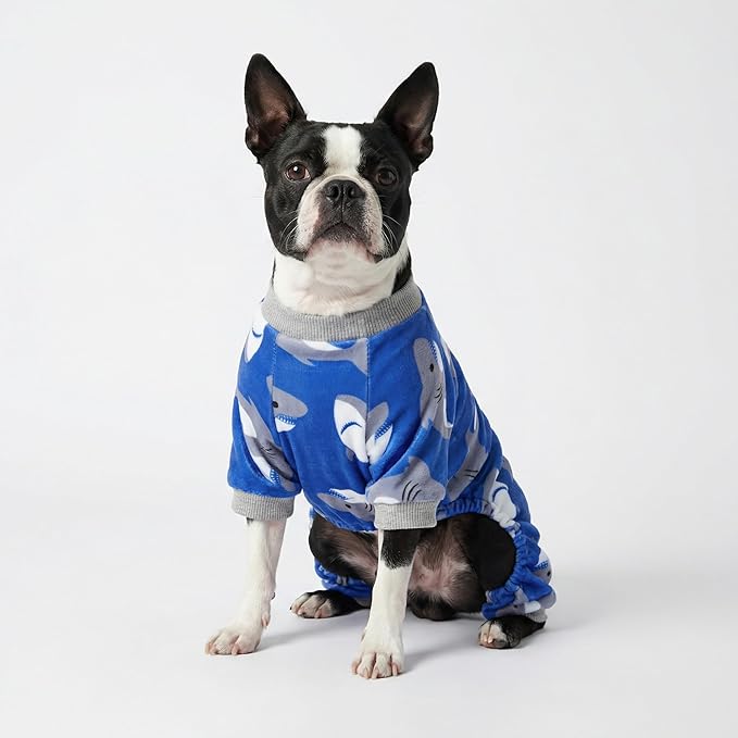 Fitwarm Shark Dog Pajamas, Dog Clothes for Small Dogs Girl Boy, Pet Onesie with Feet, Cat Outfit, Lightweight Velvet, Royal Blue, XL