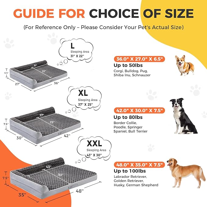 Dog Bed Large Sized Dogs, XXL Orthopedic Dog Bed for Large Dogs, Waterproof Pet Bed with Washable Removable Cover, L-Shaped Pet Couch with Portable Handle 48"x35"x7.5", Grey