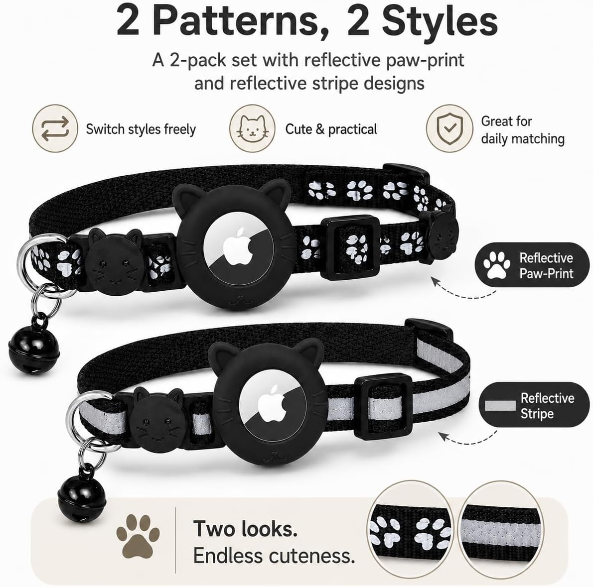 Cat Collar Breakaway 2packs, Reflective Kitten Collar with Apple Air Tag Holder and Bell for Girl Boy Cats, 0.4 Inches in Width and Lightweight (Black)