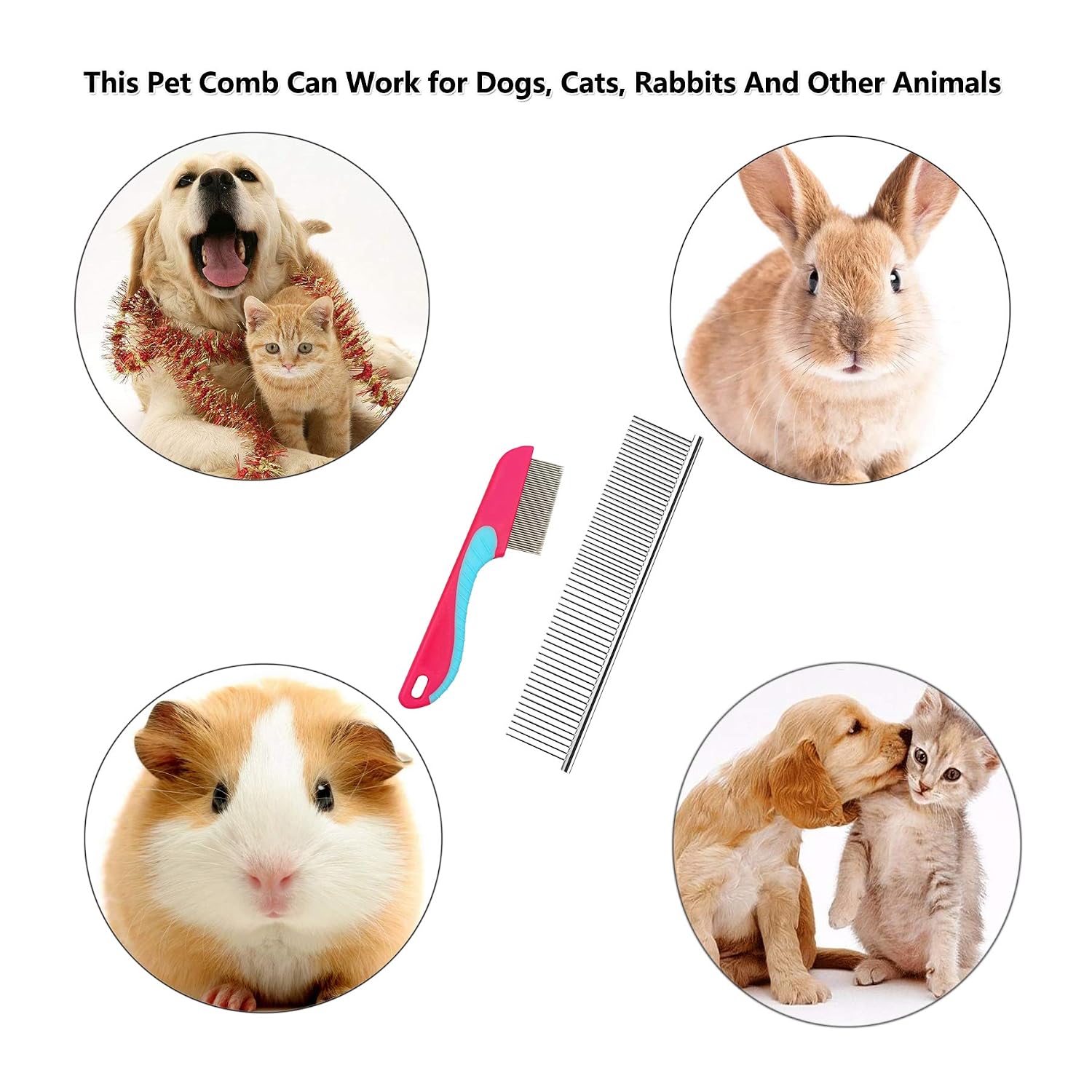 JINSHIN Dog comb,Cat comb,Pet combs,Metal Dog Comb,Pets Steel Comb,Cat Grooming Comb,Dog Grooming Comb (Silver+Pink)