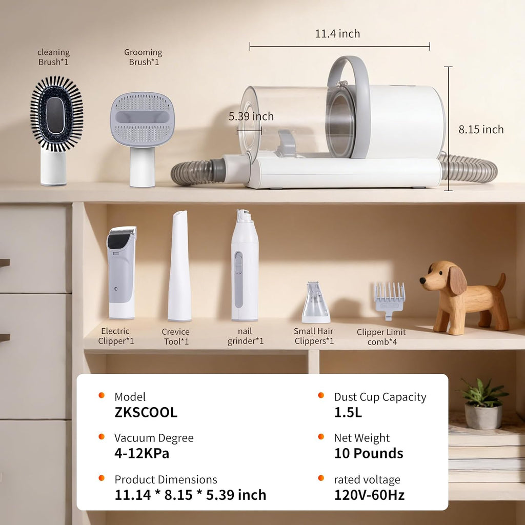 Dog Grooming Vacuum, 12000Pa Powerful with 1.5L Cup 7 in 1 Pet Electric Grooming Vacuum for with Hair Clipper & Shedding Brush, Low Noise, 3 Suction Levels for Thick Hair Cats & Dogs