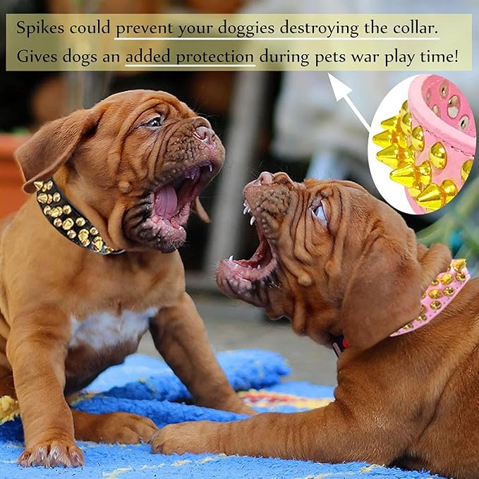 TEEMERRYCA Pink Leather Gold Spiked Studded Dog Collar for Female Puppy Small Medium Large Pets,Pit Bulls Bulldog, Keep Dog Safe from Grabbing by Huge Dogs, XL 17.7"-20.5"