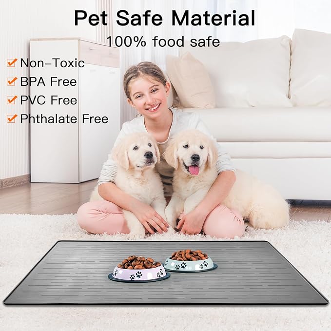 48" x 32" Largest Pet Food Mat, XXXL Silicone Dog Mats for Food and Water, Nonslip Pet Feeding Mats for Floors,Dog Cat Bowl Mat with Raised Edges, Gray White
