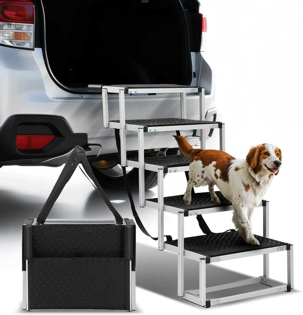 Auto Dynasty Dog Stairs for Car - 5 Steps Wide 37in High 31in Foldable Dog Ramp for Car Non-Slip Surface Support up to 150lbs - Suitable for SUV,Truck, Sofas, Bed/Couch