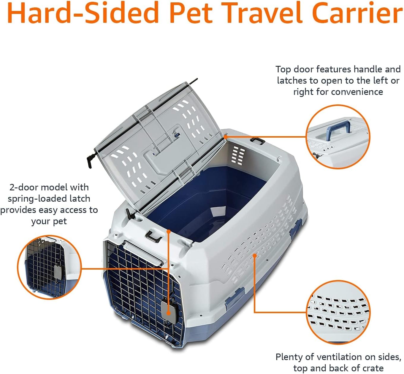 Amazon Basics Sturdy Portable 2-Door Top-Load Hard-Sided Pet Travel Carrier with Secure Ventilation, Handle, Front & Top Entry for Dogs, Cats, 22.8"L x 15"W x 13"H, Gray & Blue