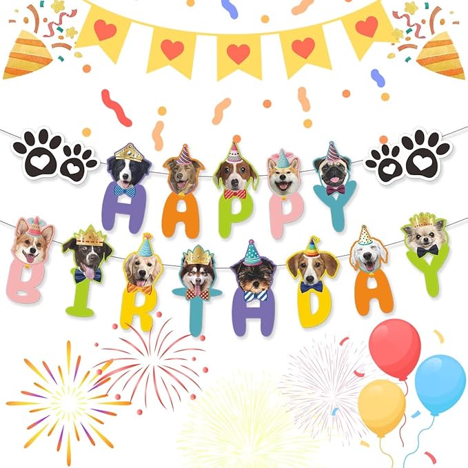 Happy Birthday Dog Party Supplies Kit - Dog Party Hat, Bandana, Bowtie & Happy Birthday Banner Decorations for Small Dogs, Puppy Birthday Outfit Accessories & Pet Birthday Party Decor (Pink)