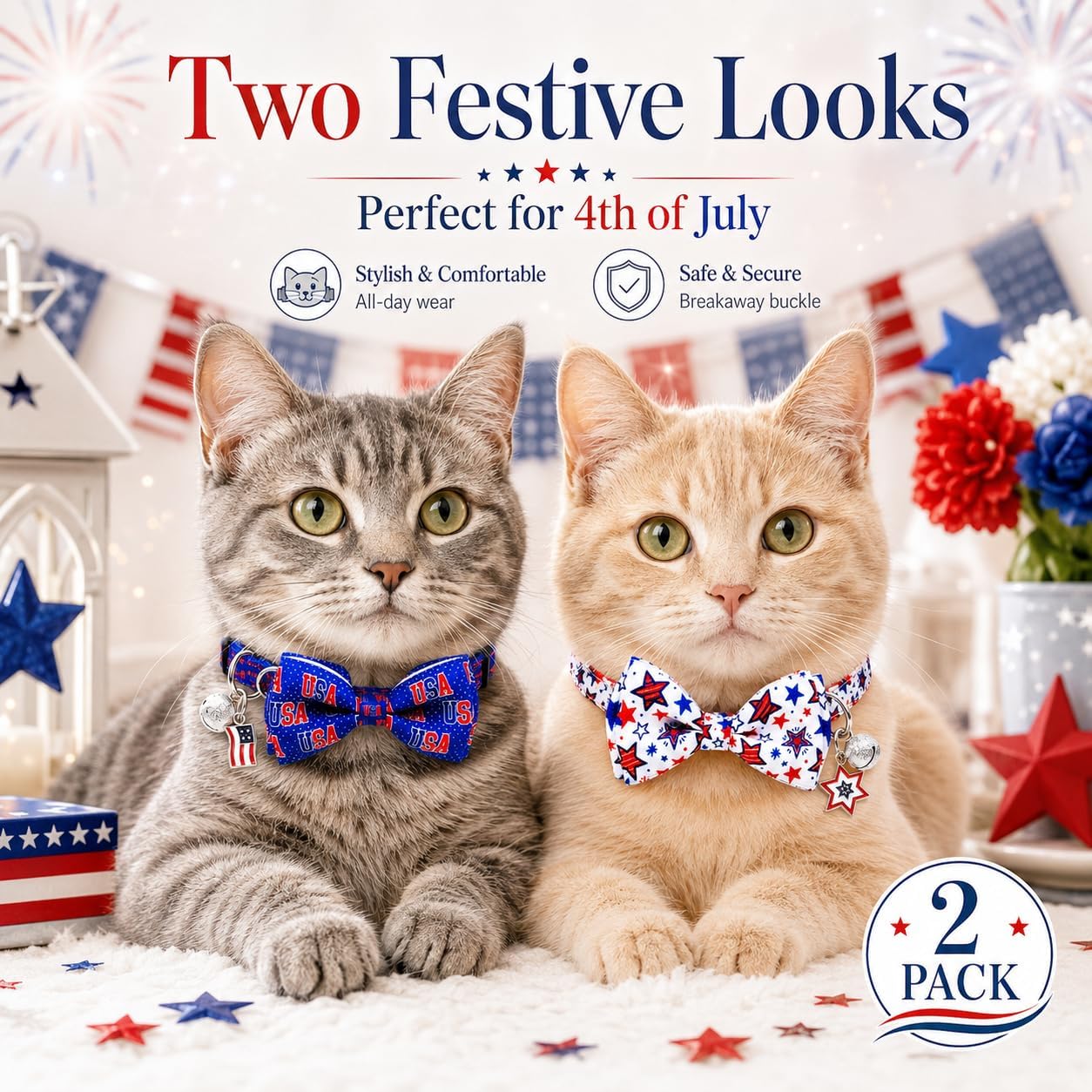 4th of July Cat Bow Tie Breakaway Collars with Bell and Charm, 2 Pack Patriotic Adjustable Cat Collars with Removable Bow Tie, Red White Blue USA Stars Independence Day Collars for Cats and Kittens