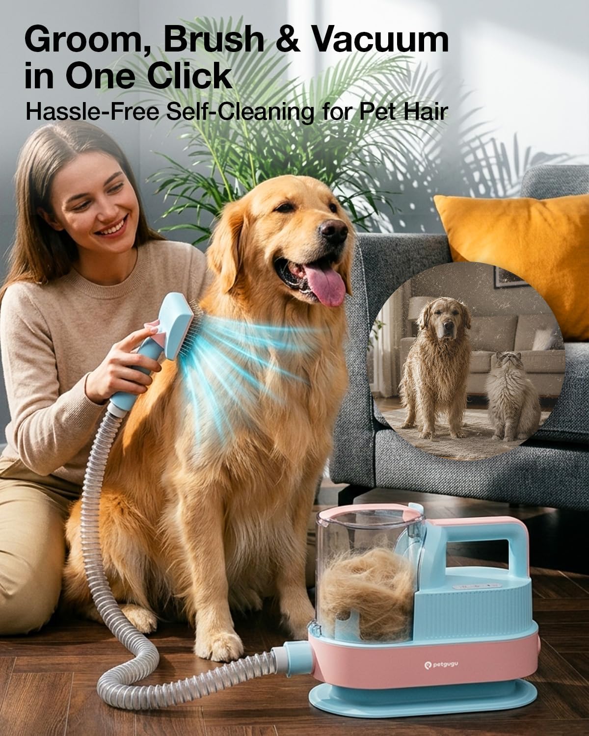 PETGUGU Dog Grooming Vacuum, Dog Vacuum with 7‑in‑1 Clipper, Dog Vacuum for Shedding Grooming, Deshedding Brush,3‑Speed Adjustable & Temp Control Blower,2.5L Dust Cup,Reduces Flying Hair,Easy cleanup