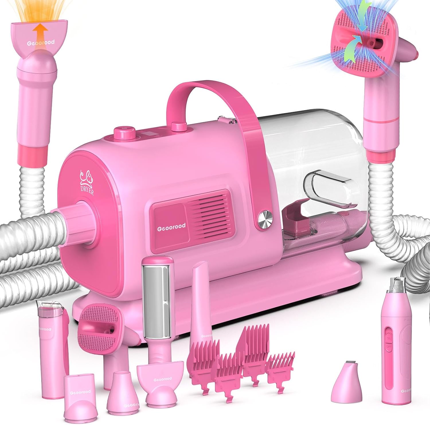 Dog Grooming Vacuum and Dryer Kit, Blower for Pet Vacuum Grooming 7 in 1 with Clippers for Dogs Hair Shedding Brush Remover Tools at Home Pink