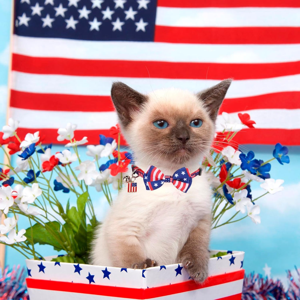 PTDECOR 4th of July Cat Collar with Bow, American Flag Patriotic Cat Collar | Detachable Bow Tie, Safe Breakaway Buckle, Adjustable, 2 Pack 4th of July Patriotic Collar for Cats Kittens