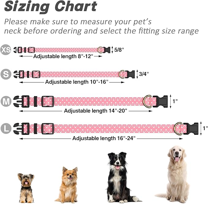 Reflective Dog Collar for Small Dogs, Cute Adjustable Heavy-Duty Nylon Puppy Collars for Boy and Girl Female, Soft Pet Accessories with Quick Release Buckle, Neck 10-16", Pink Hearts